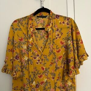Zara Mustard Floral Blouse with Ruffle Sleeves